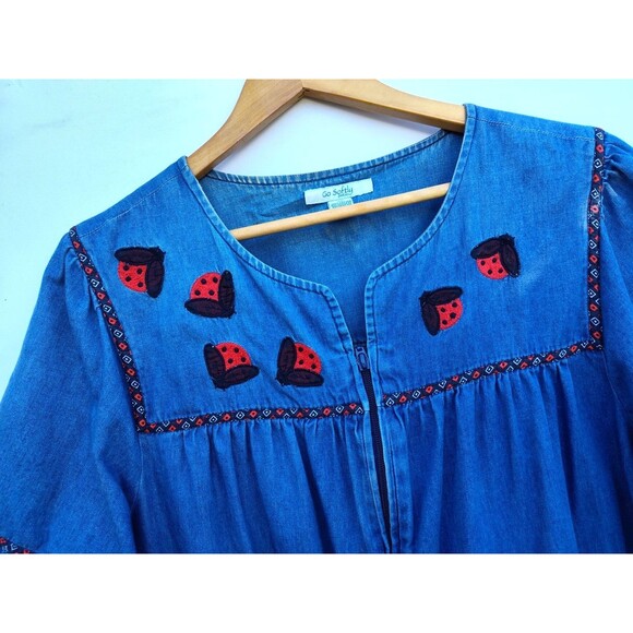 Go Softly Patio House Dress Mumu XL Plus Jean Denim Floral Embroidered Comfy - Picture 2 of 10